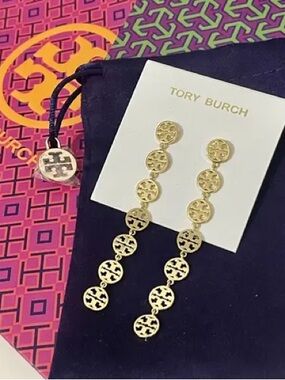 TORY BURCH Gold Toned Tory Logo Drop Linear Earrings NWT MSRP: $109
